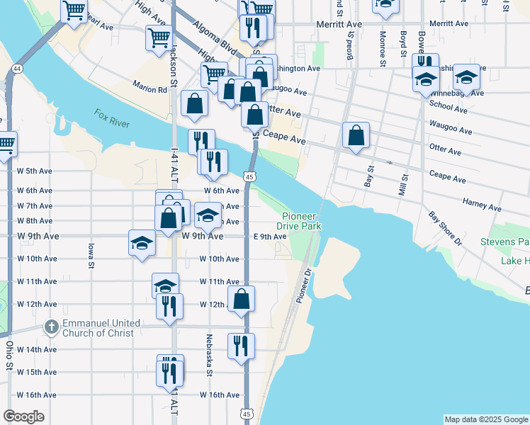 map of restaurants, bars, coffee shops, grocery stores, and more near 43 East 7th Avenue in Oshkosh