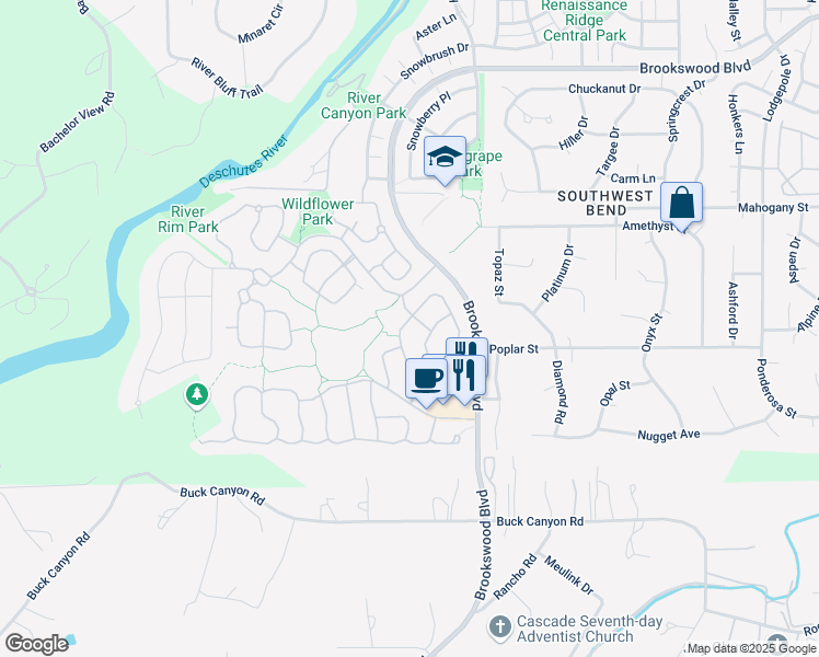 map of restaurants, bars, coffee shops, grocery stores, and more near 60959 Woods Valley Place in Bend