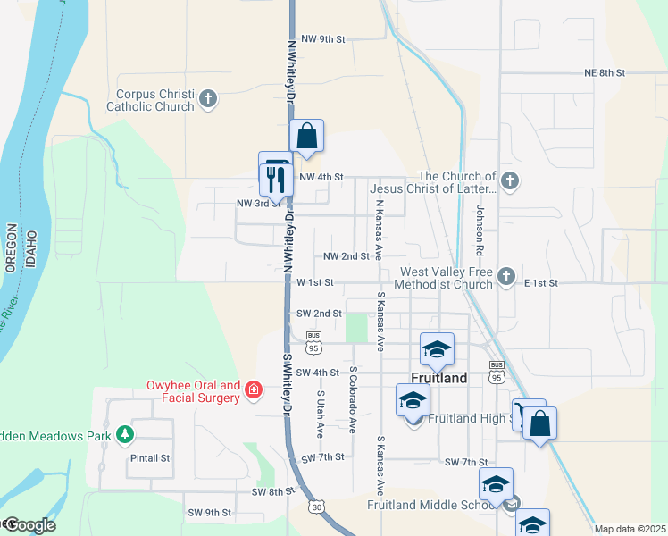 map of restaurants, bars, coffee shops, grocery stores, and more near 616 Northwest 2nd Street in Fruitland