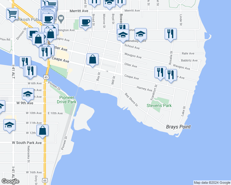 map of restaurants, bars, coffee shops, grocery stores, and more near 711 Bay Shore Drive in Oshkosh