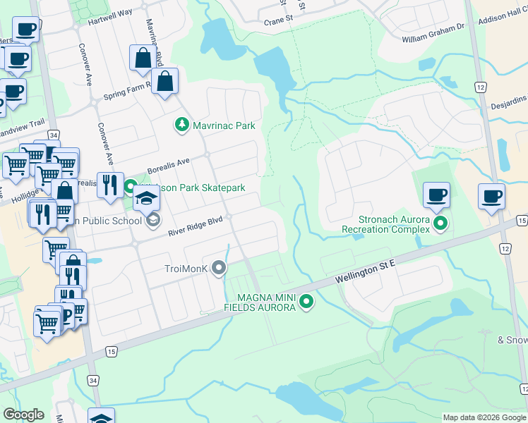 map of restaurants, bars, coffee shops, grocery stores, and more near 315 River Ridge Boulevard in Aurora