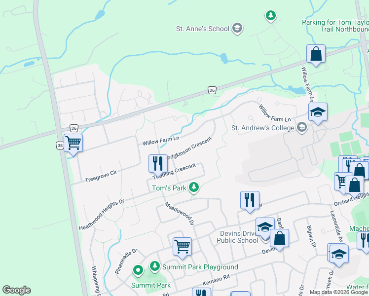 map of restaurants, bars, coffee shops, grocery stores, and more near 48 Hodgkinson Crescent in Aurora