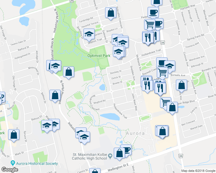 map of restaurants, bars, coffee shops, grocery stores, and more near 154 Hollandview Trail in Aurora
