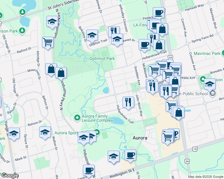 map of restaurants, bars, coffee shops, grocery stores, and more near 154 Hollandview Trail in Aurora