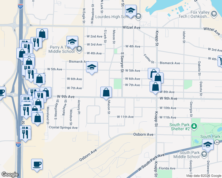 map of restaurants, bars, coffee shops, grocery stores, and more near 714 Mason Street in Oshkosh