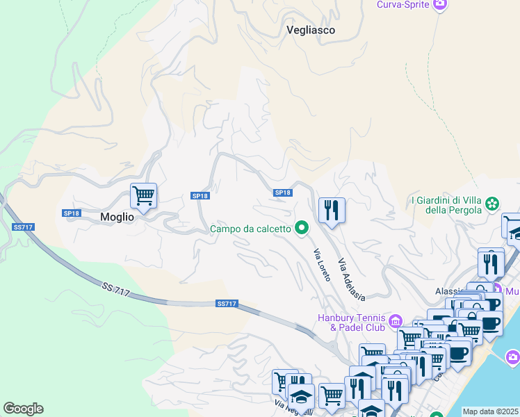 map of restaurants, bars, coffee shops, grocery stores, and more near 25 Via Loreto Alta in Alassio