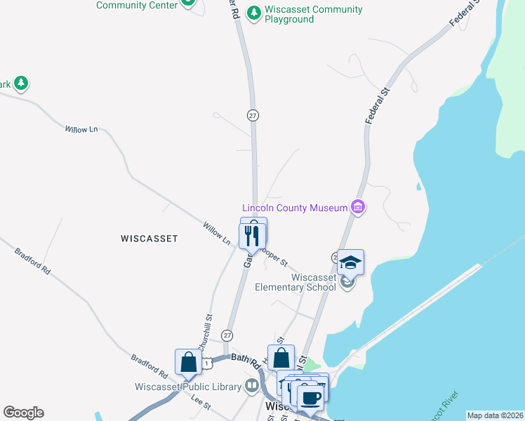 map of restaurants, bars, coffee shops, grocery stores, and more near 22 Langdon Road in Wiscasset