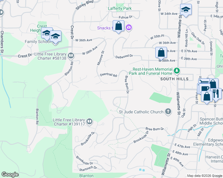 map of restaurants, bars, coffee shops, grocery stores, and more near 575 West 40th Avenue in Eugene