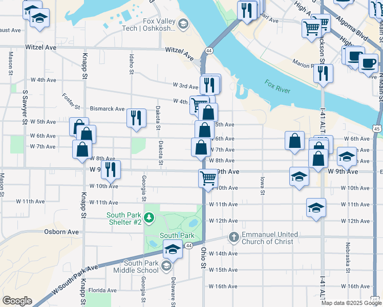 map of restaurants, bars, coffee shops, grocery stores, and more near 637 West 7th Avenue in Oshkosh