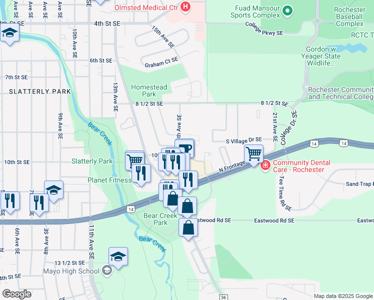 map of restaurants, bars, coffee shops, grocery stores, and more near 1609 10th Street Southeast in Rochester