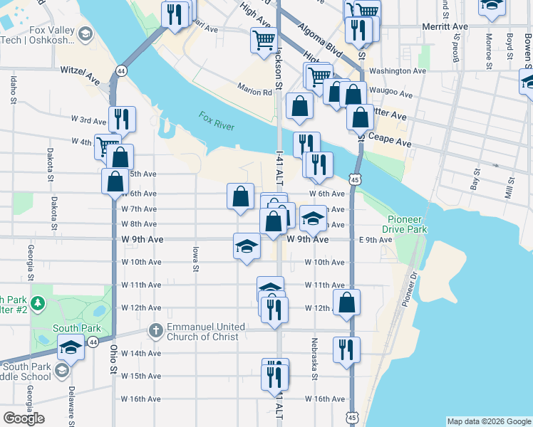 map of restaurants, bars, coffee shops, grocery stores, and more near 221 West 7th Avenue in Oshkosh