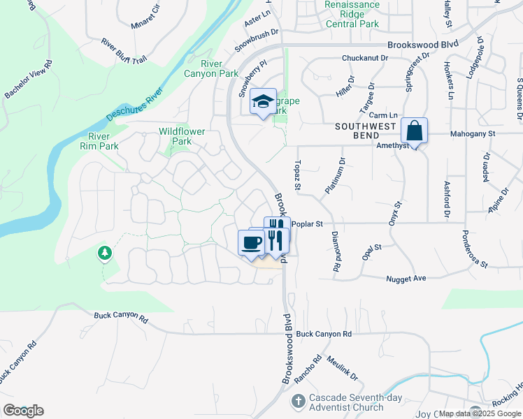 map of restaurants, bars, coffee shops, grocery stores, and more near 19557 Sager Loop in Bend