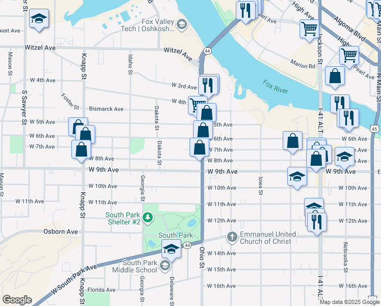 map of restaurants, bars, coffee shops, grocery stores, and more near 637 West 7th Avenue in Oshkosh