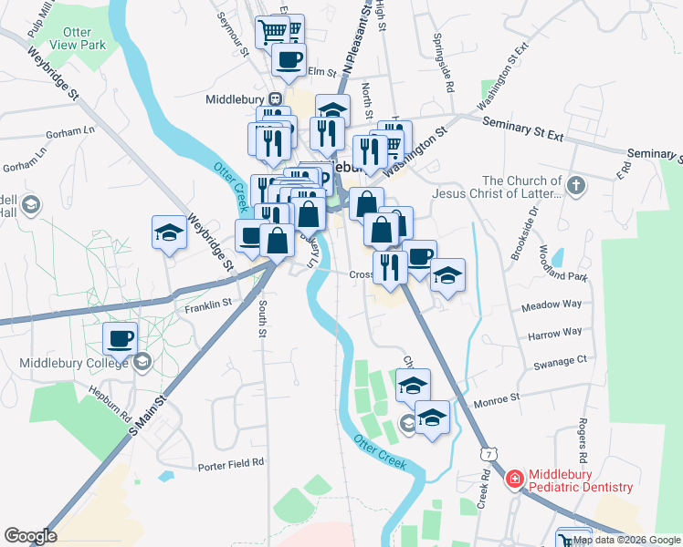 map of restaurants, bars, coffee shops, grocery stores, and more near Cross Street in Middlebury