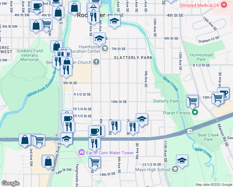 map of restaurants, bars, coffee shops, grocery stores, and more near 937 6th Avenue Southeast in Rochester