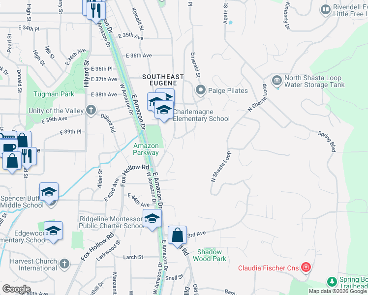 map of restaurants, bars, coffee shops, grocery stores, and more near 3985 University Street in Eugene