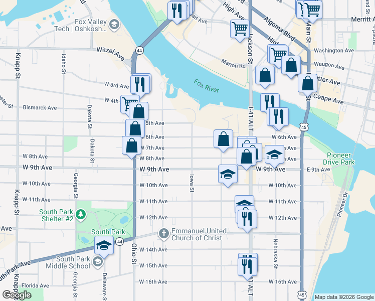 map of restaurants, bars, coffee shops, grocery stores, and more near 421 West 7th Avenue in Oshkosh