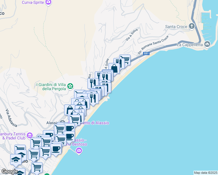 map of restaurants, bars, coffee shops, grocery stores, and more near 10 Vico del Cantiere in Alassio