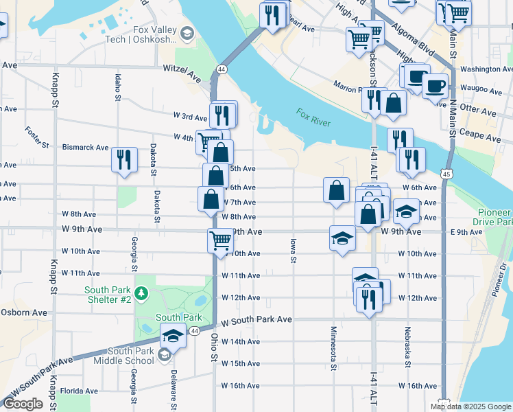 map of restaurants, bars, coffee shops, grocery stores, and more near 457 West 7th Avenue in Oshkosh