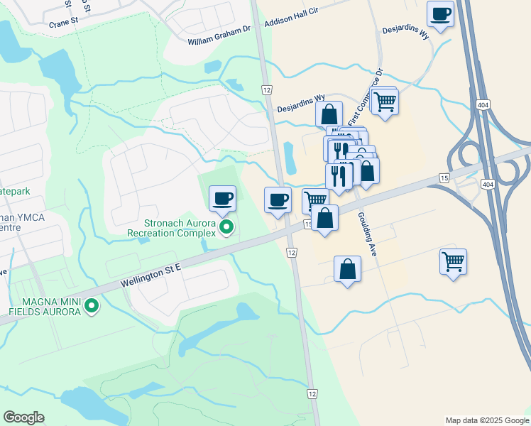 map of restaurants, bars, coffee shops, grocery stores, and more near 15286 Leslie Street in Aurora