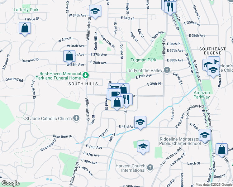 map of restaurants, bars, coffee shops, grocery stores, and more near 3990 Mill Street in Eugene