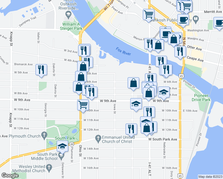 map of restaurants, bars, coffee shops, grocery stores, and more near 421 West 7th Avenue in Oshkosh