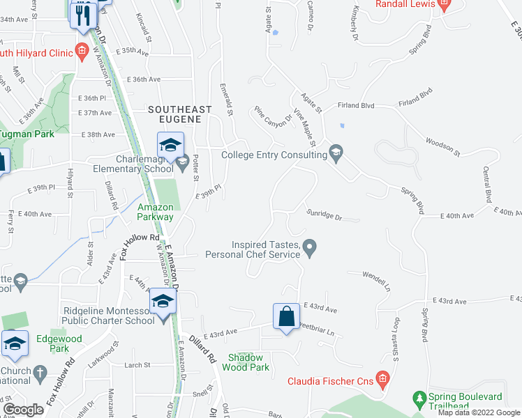 map of restaurants, bars, coffee shops, grocery stores, and more near 3986 North Shasta Loop in Eugene