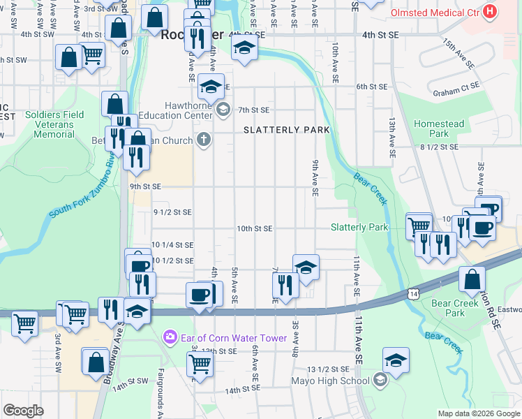 map of restaurants, bars, coffee shops, grocery stores, and more near 937 7th Avenue Southeast in Rochester