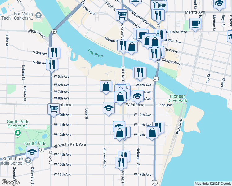 map of restaurants, bars, coffee shops, grocery stores, and more near 221 West 7th Avenue in Oshkosh