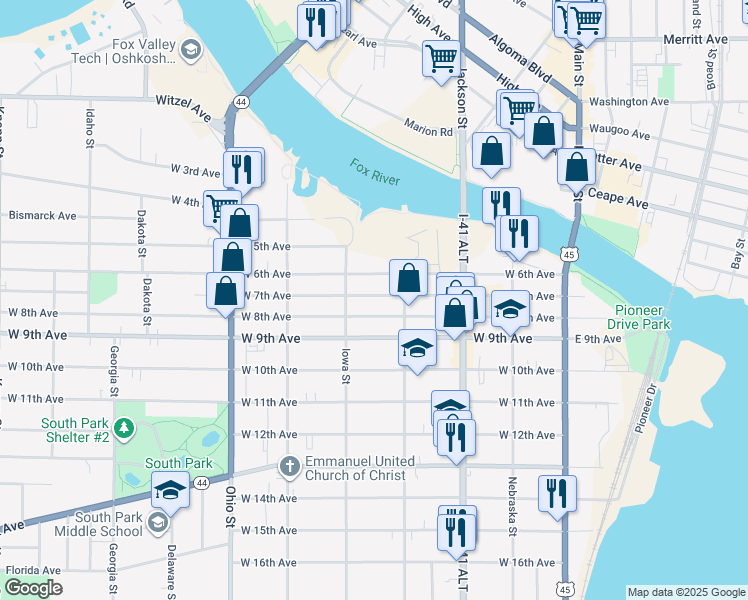 map of restaurants, bars, coffee shops, grocery stores, and more near 333 West 7th Avenue in Oshkosh
