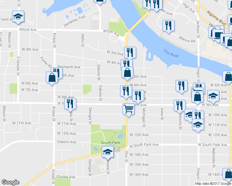 map of restaurants, bars, coffee shops, grocery stores, and more near 637 West 7th Avenue in Oshkosh