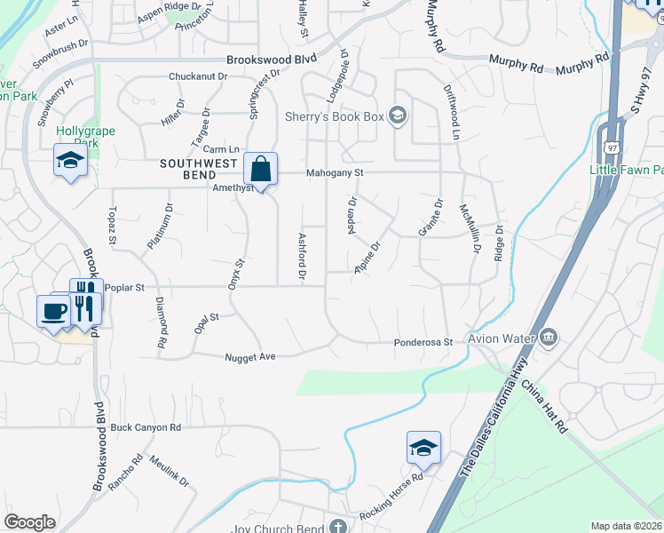 map of restaurants, bars, coffee shops, grocery stores, and more near 60897 Alpine Drive in Bend