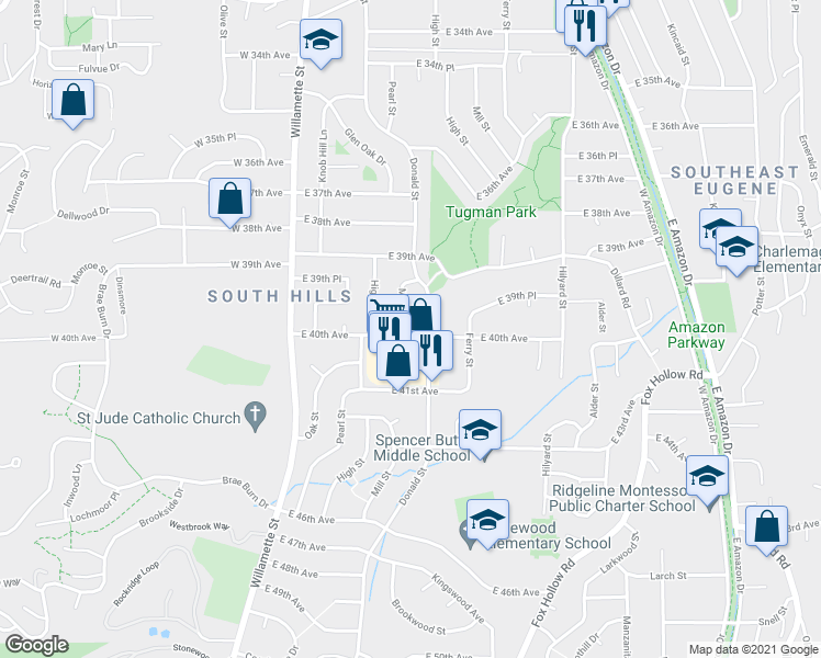 map of restaurants, bars, coffee shops, grocery stores, and more near 3990 Mill Street in Eugene