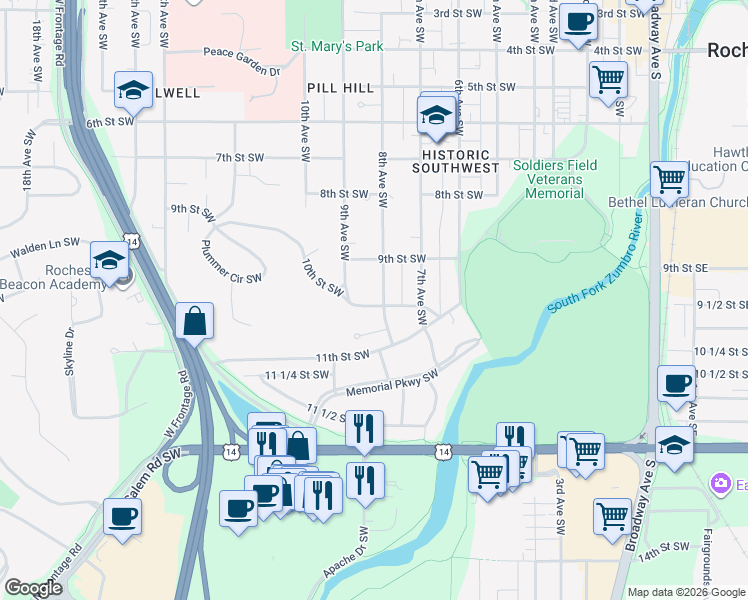 map of restaurants, bars, coffee shops, grocery stores, and more near 937 8th Avenue Southwest in Rochester