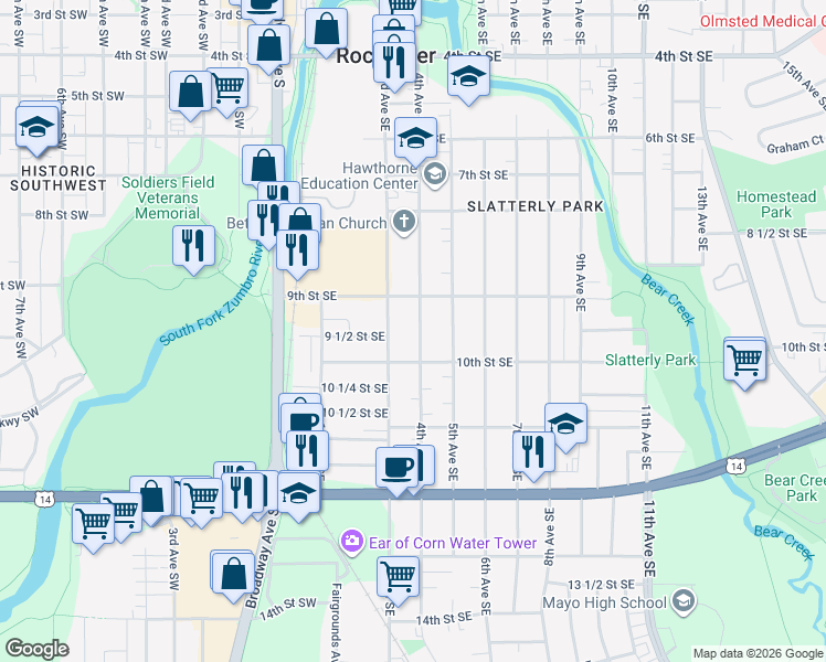 map of restaurants, bars, coffee shops, grocery stores, and more near 931 4th Avenue Southeast in Rochester