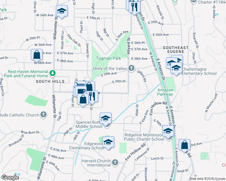 map of restaurants, bars, coffee shops, grocery stores, and more near 535 East 40th Avenue in Eugene