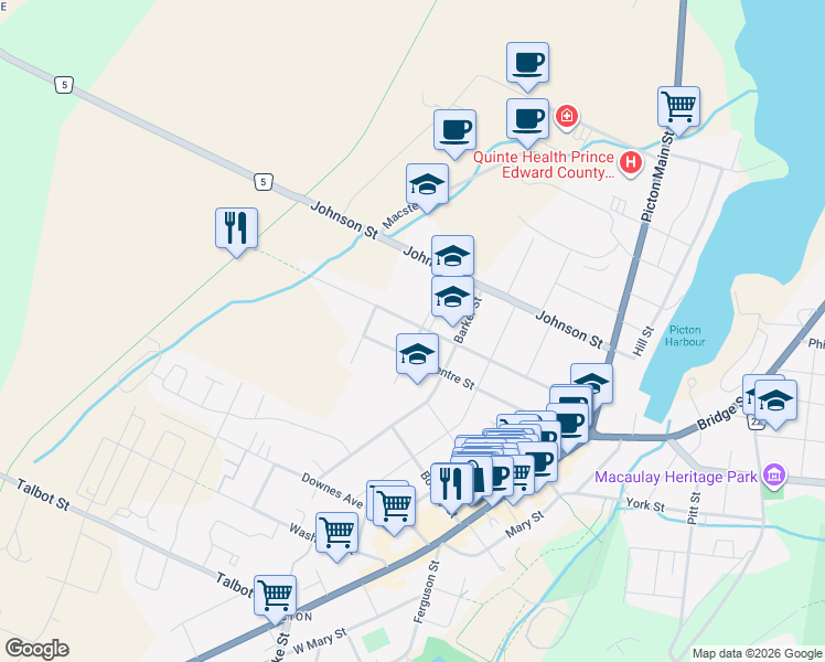 map of restaurants, bars, coffee shops, grocery stores, and more near 51 Paul Street in Prince Edward