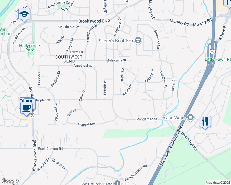map of restaurants, bars, coffee shops, grocery stores, and more near 60897 Alpine Drive in Bend