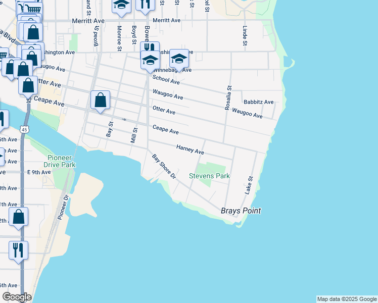 map of restaurants, bars, coffee shops, grocery stores, and more near 1107 Harney Avenue in Oshkosh