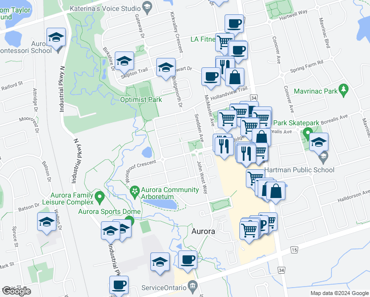 map of restaurants, bars, coffee shops, grocery stores, and more near 65 Luxton Avenue in Aurora