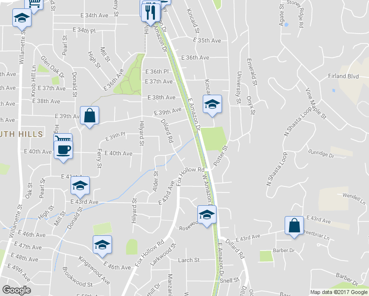 map of restaurants, bars, coffee shops, grocery stores, and more near 4025 Dillard Road in Eugene