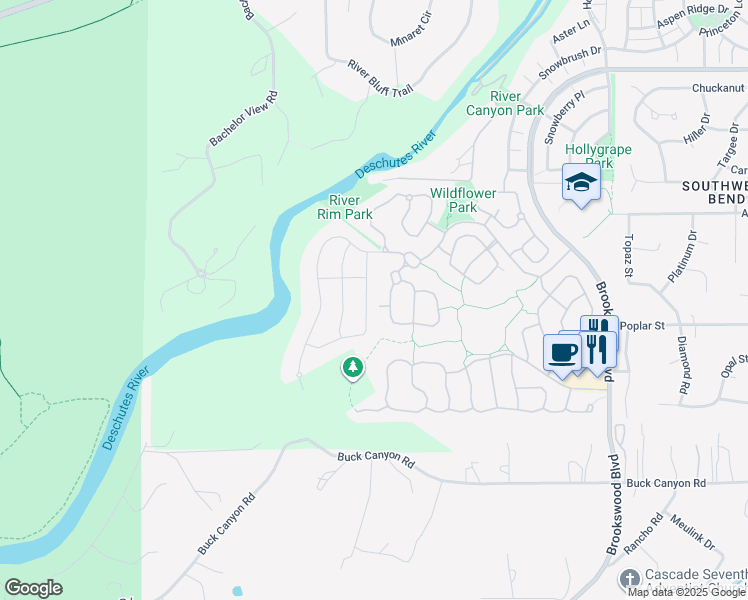 map of restaurants, bars, coffee shops, grocery stores, and more near 60870 Southwest Headwaters Loop in Bend