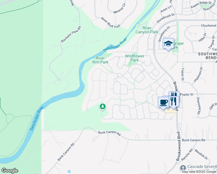 map of restaurants, bars, coffee shops, grocery stores, and more near 60870 Southwest Headwaters Loop in Bend