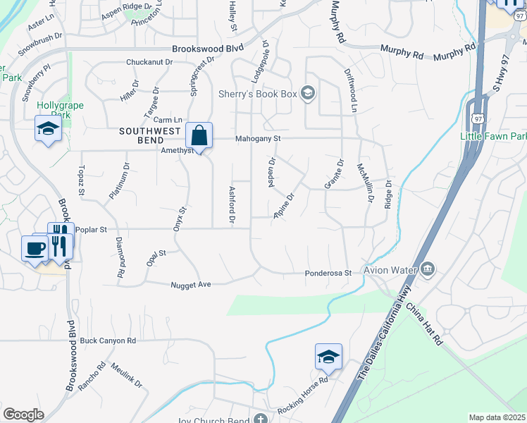 map of restaurants, bars, coffee shops, grocery stores, and more near 60897 Alpine Drive in Bend