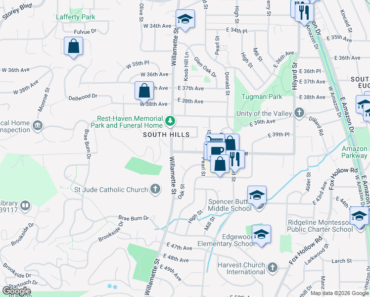 map of restaurants, bars, coffee shops, grocery stores, and more near 3991 Oak Street in Eugene