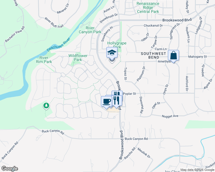 map of restaurants, bars, coffee shops, grocery stores, and more near 19557 Sager Loop in Bend