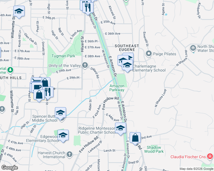 map of restaurants, bars, coffee shops, grocery stores, and more near 4025 Dillard Road in Eugene