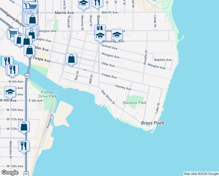 map of restaurants, bars, coffee shops, grocery stores, and more near 927 Harney Avenue in Oshkosh