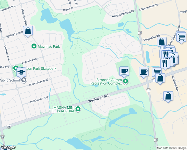 map of restaurants, bars, coffee shops, grocery stores, and more near 111 Hamster Crescent in Aurora
