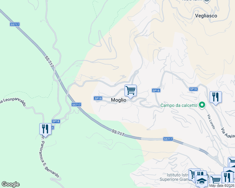 map of restaurants, bars, coffee shops, grocery stores, and more near 102 Via Leonpancaldo in Moglio